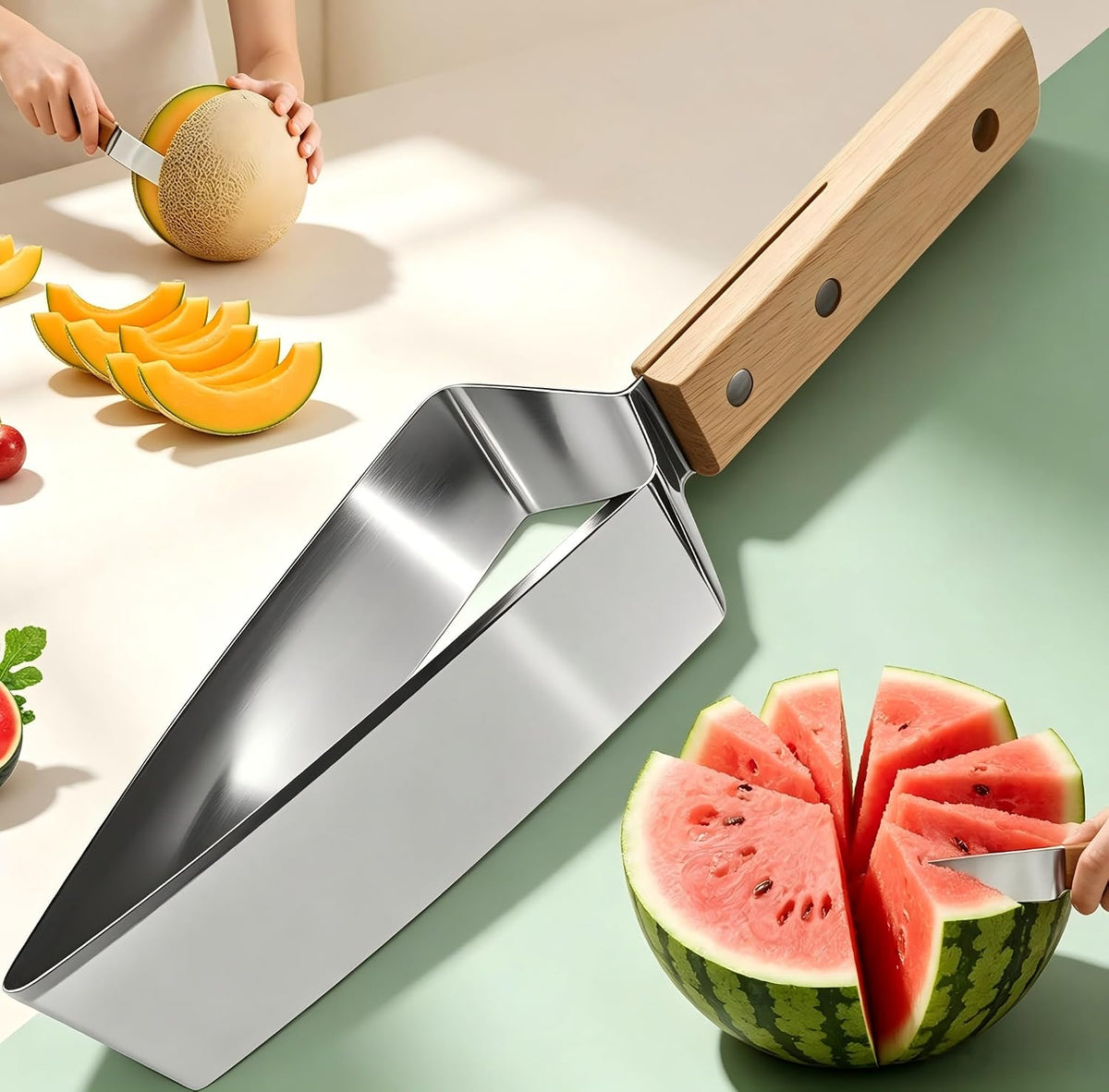 2pcs Multi functional Triangle Fruit Cutting Machine Portable Watermelon, Melon, and Apple Slicer with Wooden Handle