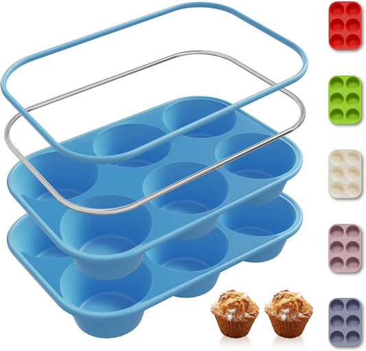 2 Pack 12 Cups Silicone Muffin Pan with Metal Reinforced Frame Regular Size Silicone Molds Cupcake Cake Baking Pans Cookie Baking Chocoflan Cupcake Mold Nonstick Muffin Tin Home Baking Supplies