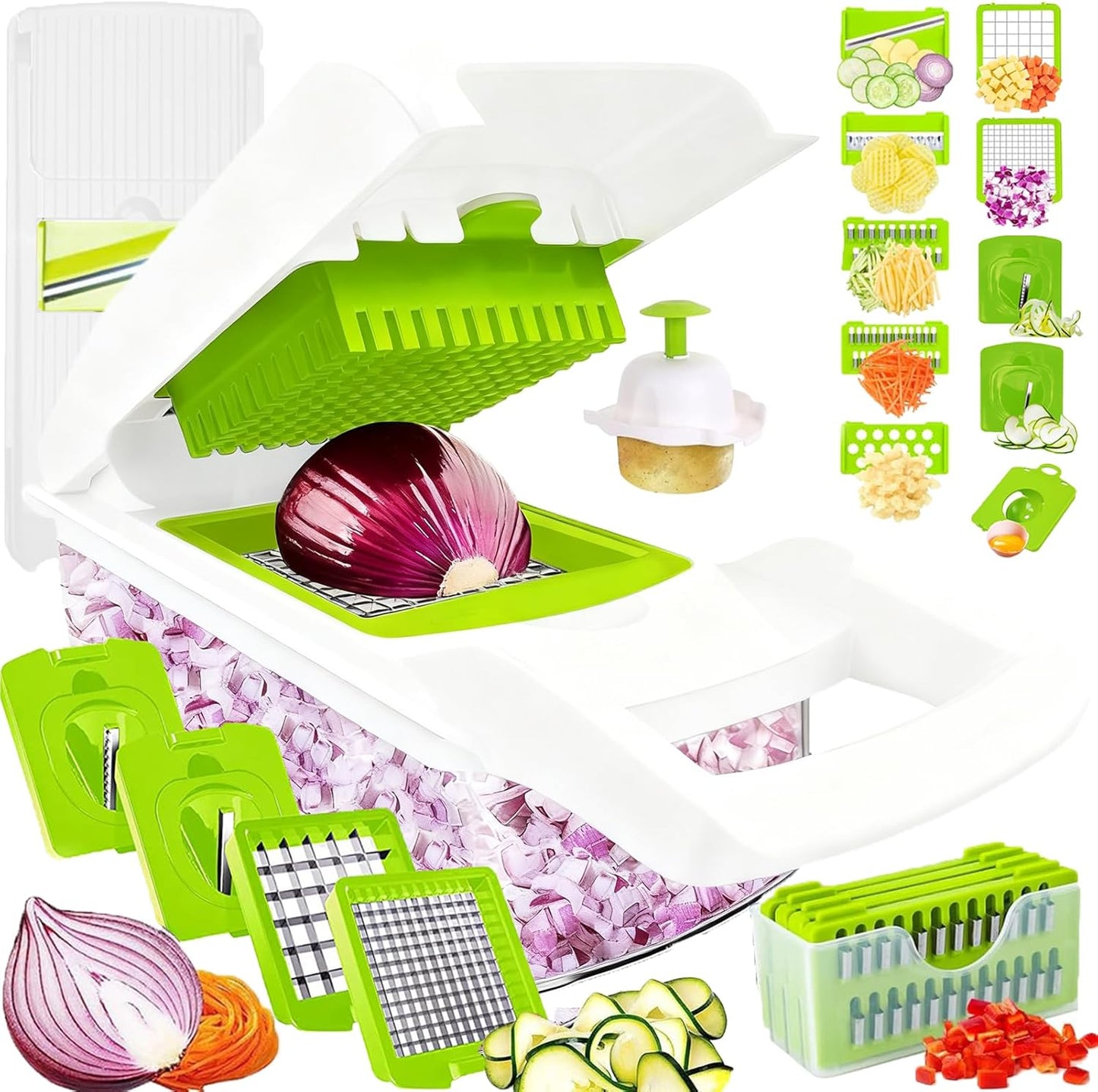 Vegetable Chopper Dicer with Container | Cheese Grater Mandoline Slicer Cabbage Shredder French Fry Cutter Stainless Steel for Veggie Onion Potato Fruit Food, Manual Hand Cooking Gadget for Kitchen