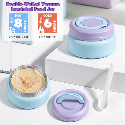 Bento Lunch Box for Kids with 7oz Soup Thermo,Insulated Stainless Steel Kids Water Bottle with Straw and Insulated Lunch Bag,Leak-Proof Lunch Food Container with Ice Pack for School (Purple-Mermaid)