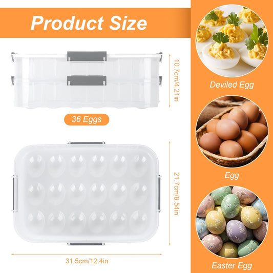 2-Layer Deviled Egg Containers with Lid, 36 Slots Refrigerator fridge organizers and storage egg cartons with Handle for Easter, with Slicer Kitchen Tongs Piping Decorating Kit