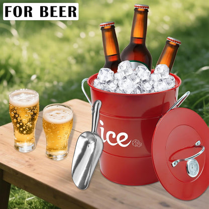 Double Wall Ice Bucket with Thermometer, Metal Wine Chiller Bucket with Lid & Scoop - for Champagne, Wine, Cocktails and Parties, Large Insulated Ice Holder - Perfect for Home & Outdoor Use,Red
