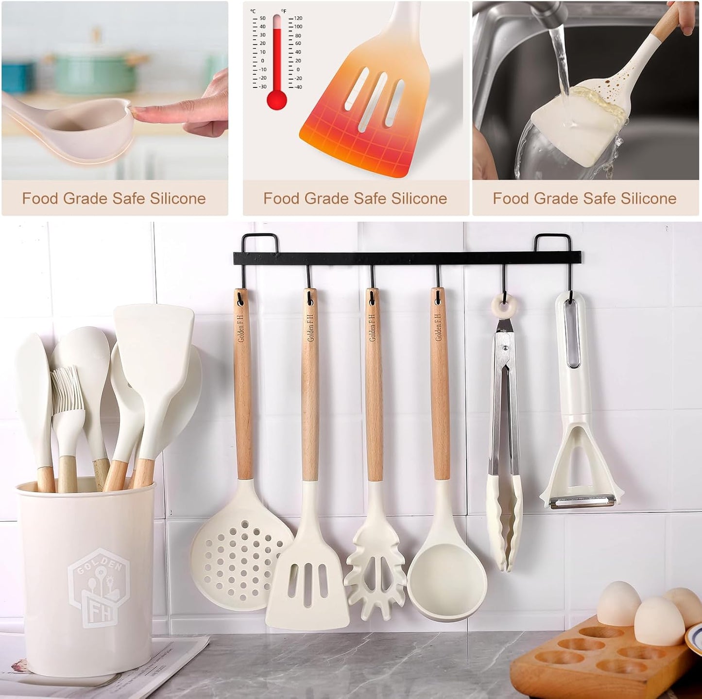 Silicone Cooking Utensils Set 446°F Heat Resistant Silicone Kitchen Utensils Set, Spatula, Turner Tongs, Spoon, Whisk,Kitchen Gadgets for Nonstick Cookware, BPA Free