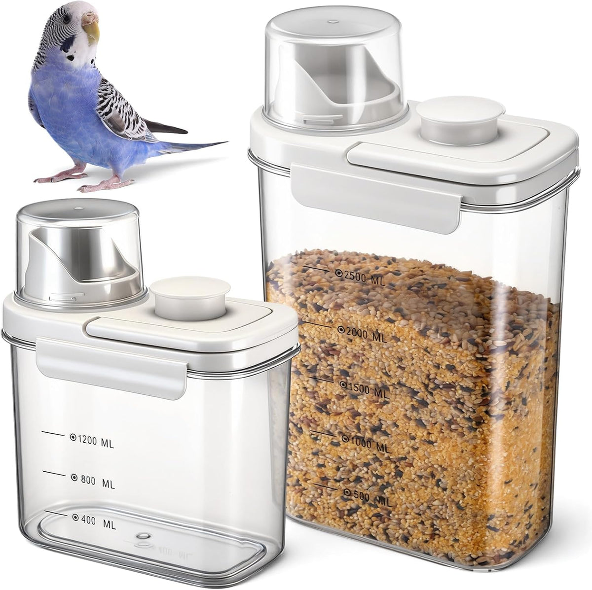 Maxdot 2 Pcs Bird Food Storage Container, Bird Seed Container with Lids Airtight Cup Pet Parrot Food Storage 1.7 Qt & 3 Qt Measuring Containers Easy Pour Spouts for Macaws African Cockatoos(Green)