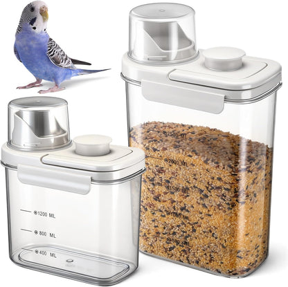 Maxdot 2 Pcs Bird Food Storage Container, Bird Seed Container with Lids Airtight Cup Pet Parrot Food Storage 1.7 Qt & 3 Qt Measuring Containers Easy Pour Spouts for Macaws African Cockatoos(Green)