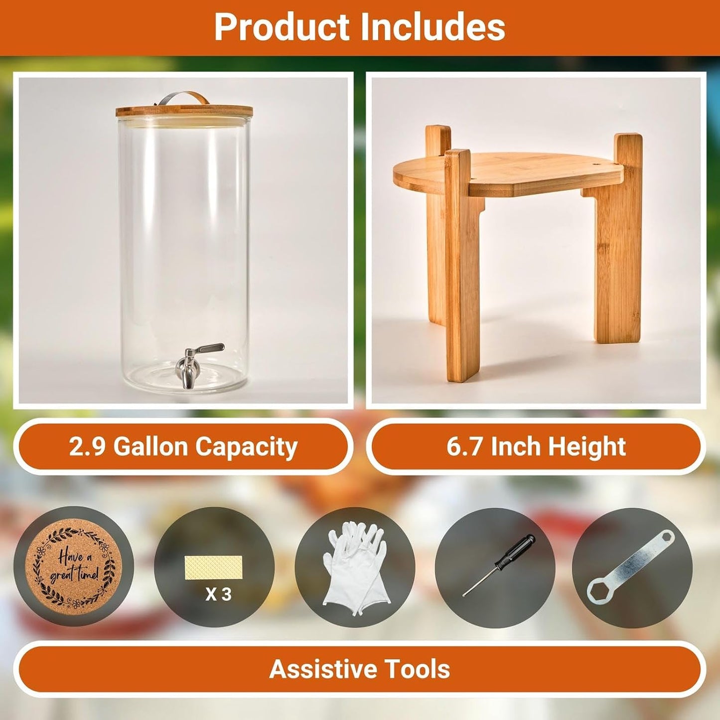Glass Beverage Dispenser with Bamboo Stand and Lid, Iced 2.1 Gallon Drink Server with Spigot, Large Thick Glass Drink Dispenser for Parties, Hotels, Restaurants, Homes