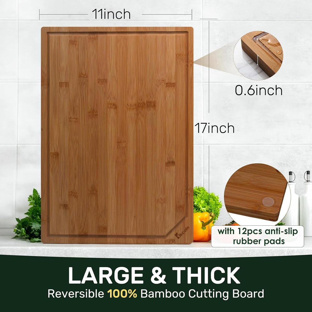 Kikcoin 17"×11" Bamboo Cutting Boards for Kitchen, Knife-Friendly Food Grade Wooden Cutting Boards for Kitchen, Charcuterie, Extra Large Chopping Boards with Deep Juice Groove, Reversible, Natural