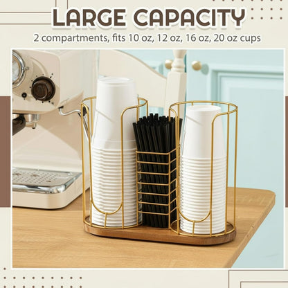 Geelin 18oz Adjustable Coffee Cup Dispenser with Wooden Base, Cup and Lid Holder, Cups Holder Organizer for Coffee Pod Straw and Lid Storage(2-compartment Single,Color 2)