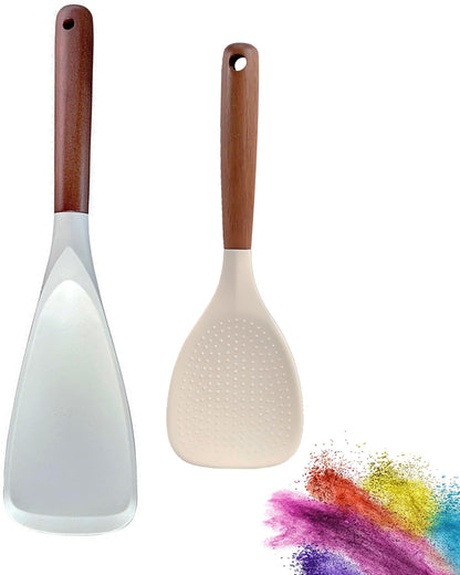 Silicone Spatula and Rice Spoon with Wooden Handle, Non-Stick, Heat Resistant, for Cooking, Mixing, Scooping (White, 9-inch rice spoon)