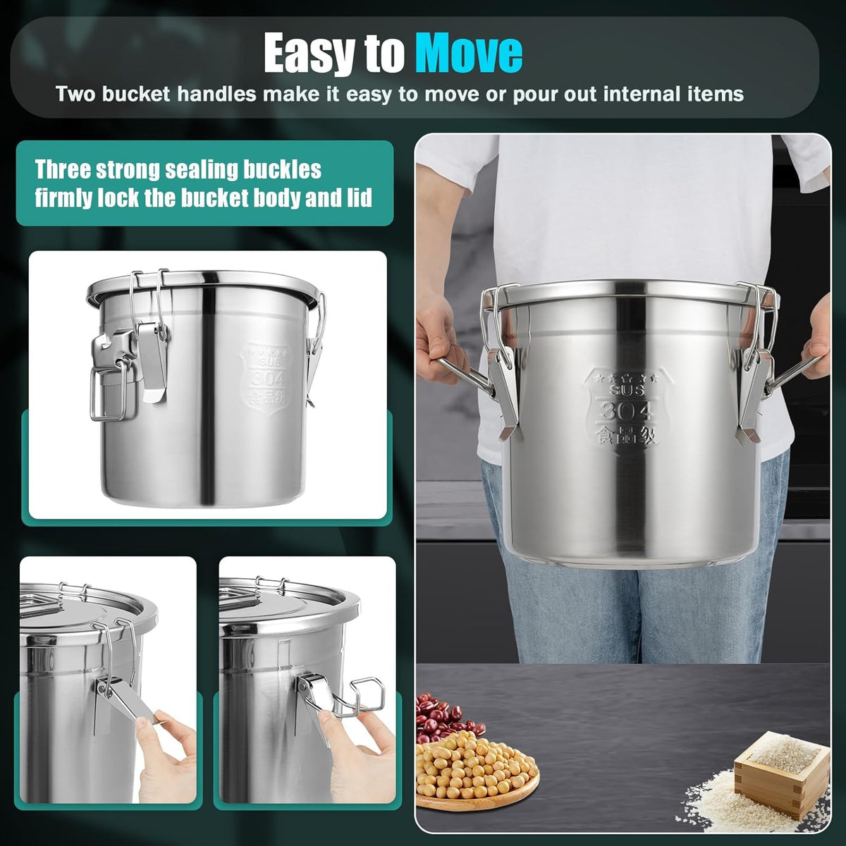 DYNAMI 12.7Gal 304 Stainless Steel Rice Storage Container,Extra Large Food Grade Canister,40-90Lbs Sealed Rice Bucket with Airtight Lid and Locking Buckle,for Rice, Flour, Grain (48L)