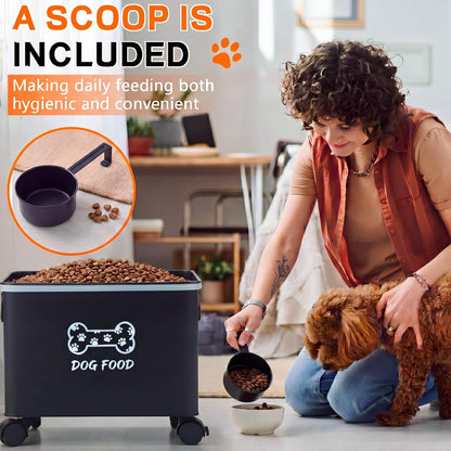 Moxweyeni Dog Food Container 13 lb Cute Airtight Food Storage Containers with Metal Lid Scoop Black Metal Storage Bin for Dog Cat with Wheels