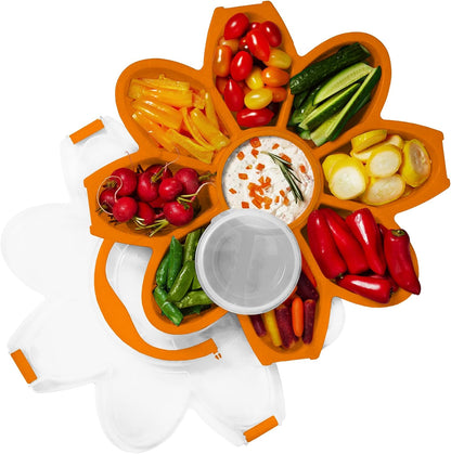 KOLORAE Flower Snack Serving Tray - 9 Compartment Party Platter with Dressing Cup for Chips and Dip, Fruits and Veggies - Game Day & Summer Entertaining Tray