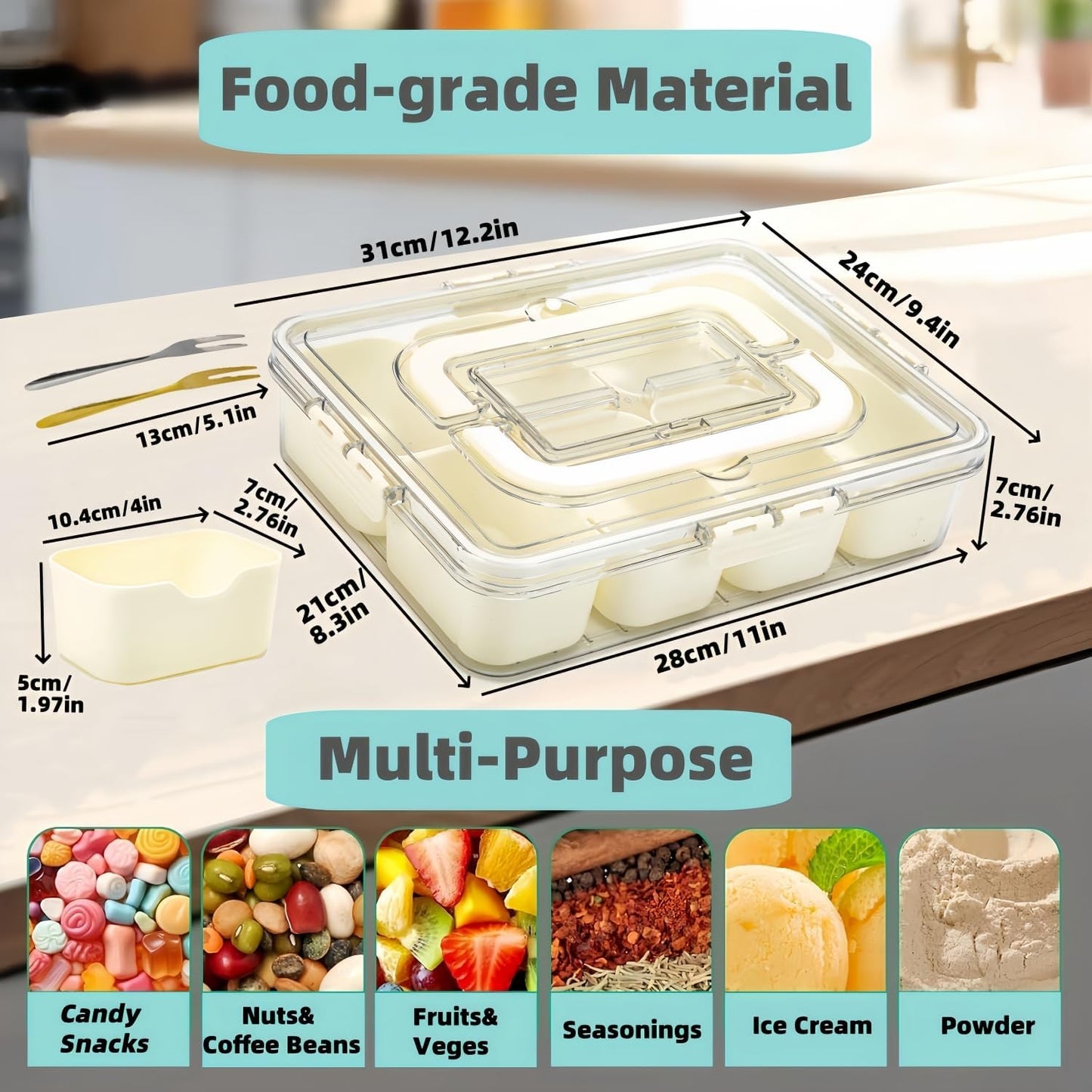 Divided Serving Tray with Lid and Handle, Snackle Box Container Portable Snack Platters with 7 Compartments & Forks, Ice Chilled Organizer for Fruits, Veggies, Salad, Perfect for Entertaining,Picnic