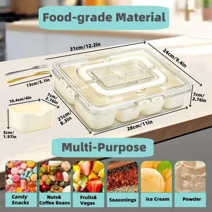 Divided Serving Tray with Lid and Handle, Snackle Box Container Portable Snack Platters with 7 Compartments & Forks, Ice Chilled Organizer for Fruits, Veggies, Salad, Perfect for Entertaining,Picnic