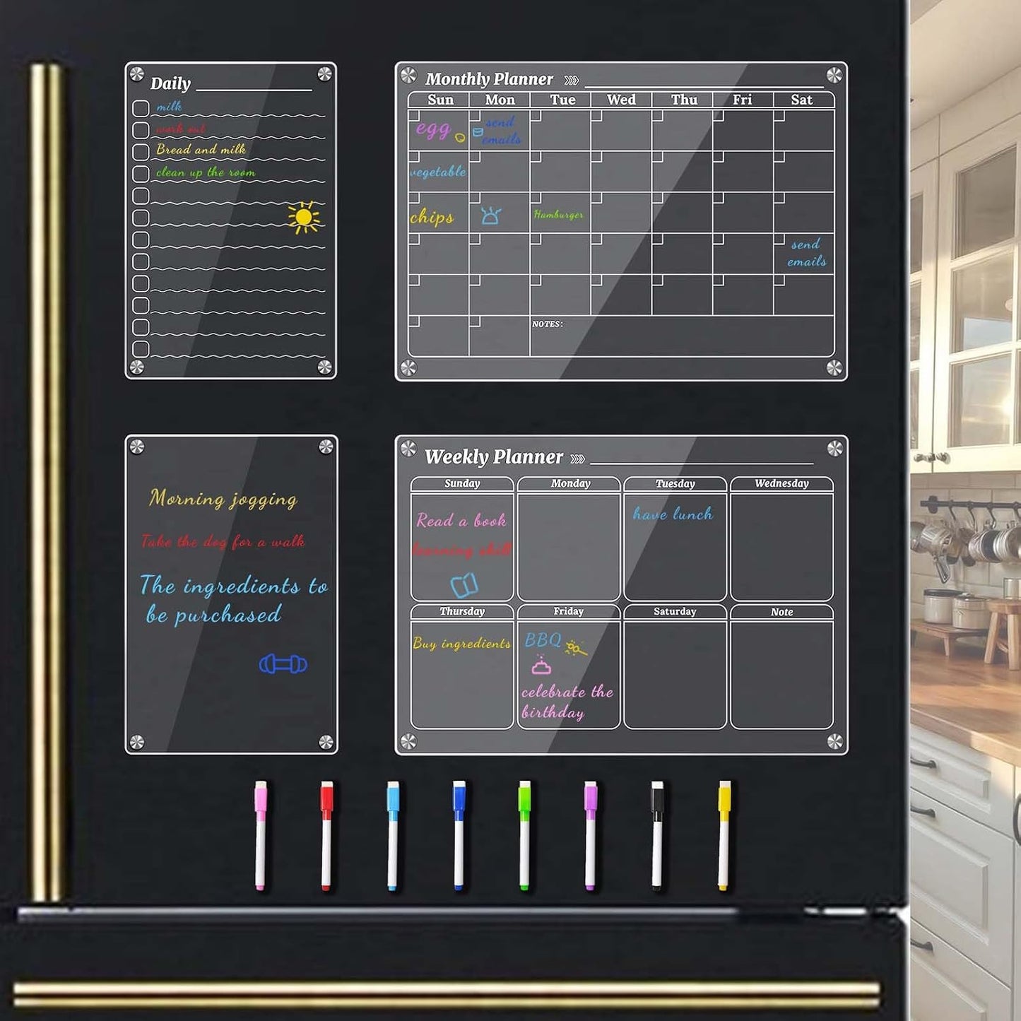 4Pcs Fridge Calendar Set, Clear Magnetic Dry Erase Daily, Weekly, Monthly Planners & Menu Board, w/ 2 Packs of 8 Markers