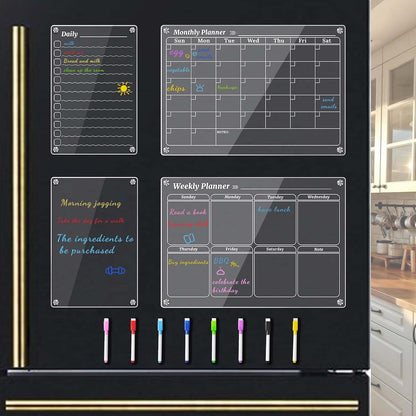 4Pcs Fridge Calendar Set, Clear Magnetic Dry Erase Daily, Weekly, Monthly Planners & Menu Board, w/ 2 Packs of 8 Markers