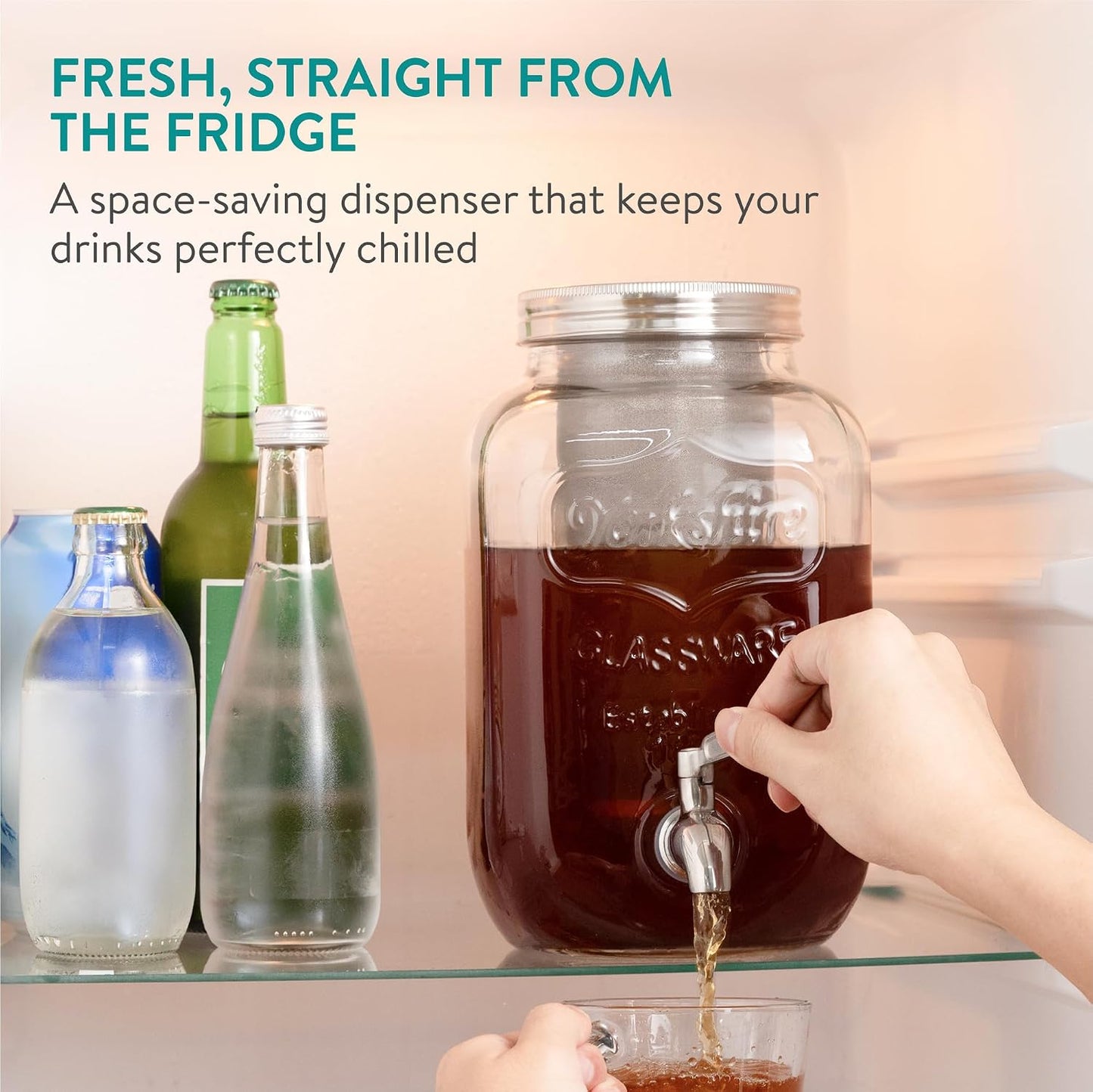 Navaris Glass Drink Dispenser with Tap - 0.7gal (2.7L) Ripple Design Beverage Dispenser - Party Beverage Container for Cocktails, Juice, Water - Ideal for Parties & Events
