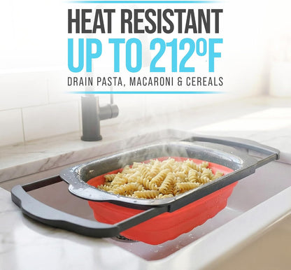 Comfify Coral XL Collapsible Silicone Over Sink Colander – 6 Quart | Coral; extends to 25" to span most sinks hands available; collapses flat; 6 Qt; heat resistant to 176°F; pasta, veg, fruit