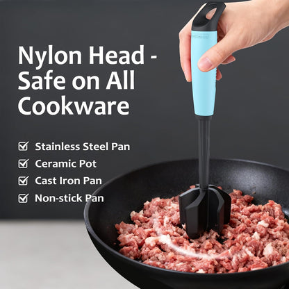 Ourokhome Meat Chopper and Potato Masher, Heat Resistant Nylon Ground Beef Smasher for Hamburger, 5 Curved Blades Nonstick Safe Mixer & Stirrer, Practical Kitchen Gadgets, Mint