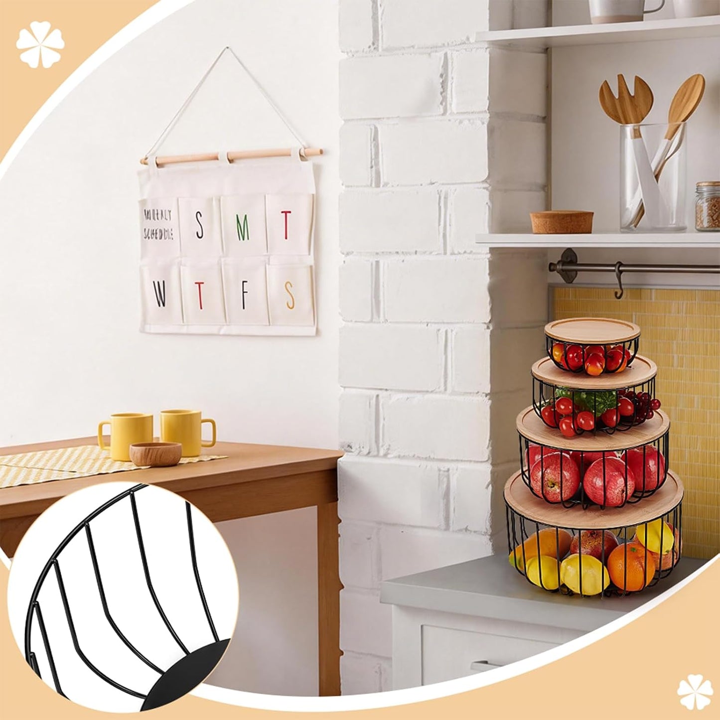 4Pcs Fruit Basket for Kitchen Counter Set, 11.9/10/8/6Inch Round Fruit Basket with Wooden Lid Countertop Bin for Produce Fruits Lemon Banana Candy Snack in Office, Black, 4 Size