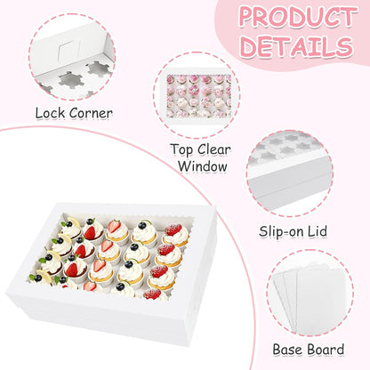 2 Pack White Cupcake Boxes with Cake Boards for 24 MINI Cupcakes, Food Grade Dessert Muffins Box Cupcake Carrier Containers with Window and Inserts for Birthday Holiday Party Bakery Supplies