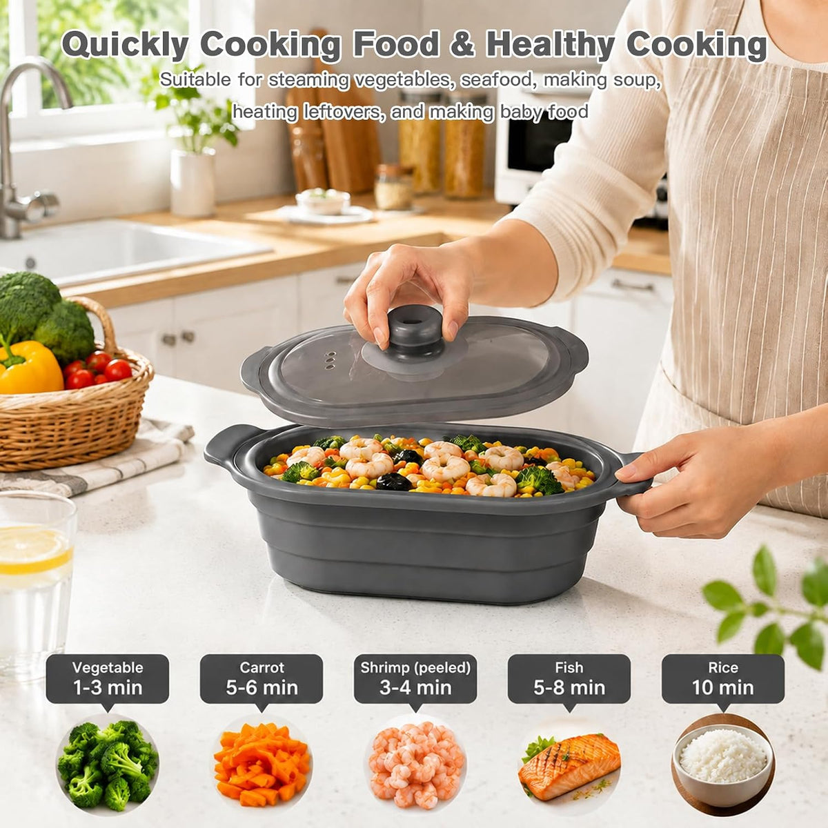 40oz Silicone Microwave Steamer For Cooking Food, Vegetable Steamer, Grey