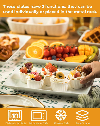 LAUCHUH 3 Tier Serving Tray, Porcelain Serving Platter Tier Serving Stand with Collapsible Sturdier Rack, Serving Trays and Platters Dessert Party Display Set for Father's Day, Gold, 12 Inch