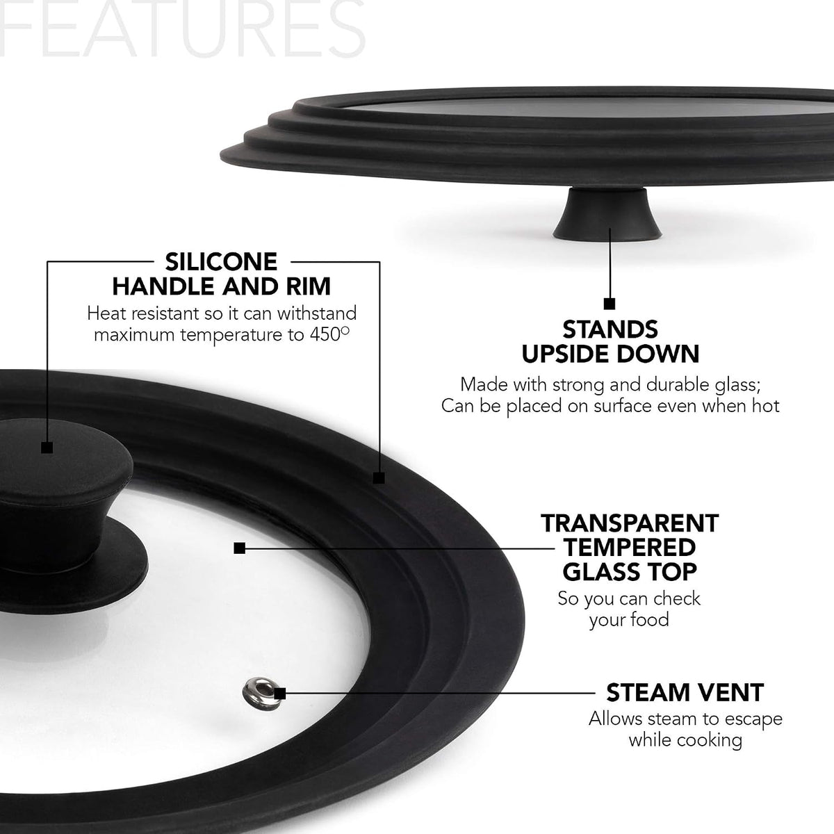 Large Silicone & Glass Universal Lid (10.5 to 12 Inches) - BPA-Free Silicone Lid with Stay Cool Handle & Tempered Glass Top - Dishwasher Safe - Universal Lid for Pots, Pans, Skillets, Cast Iron