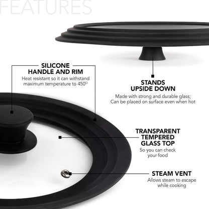 Large Silicone & Glass Universal Lid (10.5 to 12 Inches) - BPA-Free Silicone Lid with Stay Cool Handle & Tempered Glass Top - Dishwasher Safe - Universal Lid for Pots, Pans, Skillets, Cast Iron