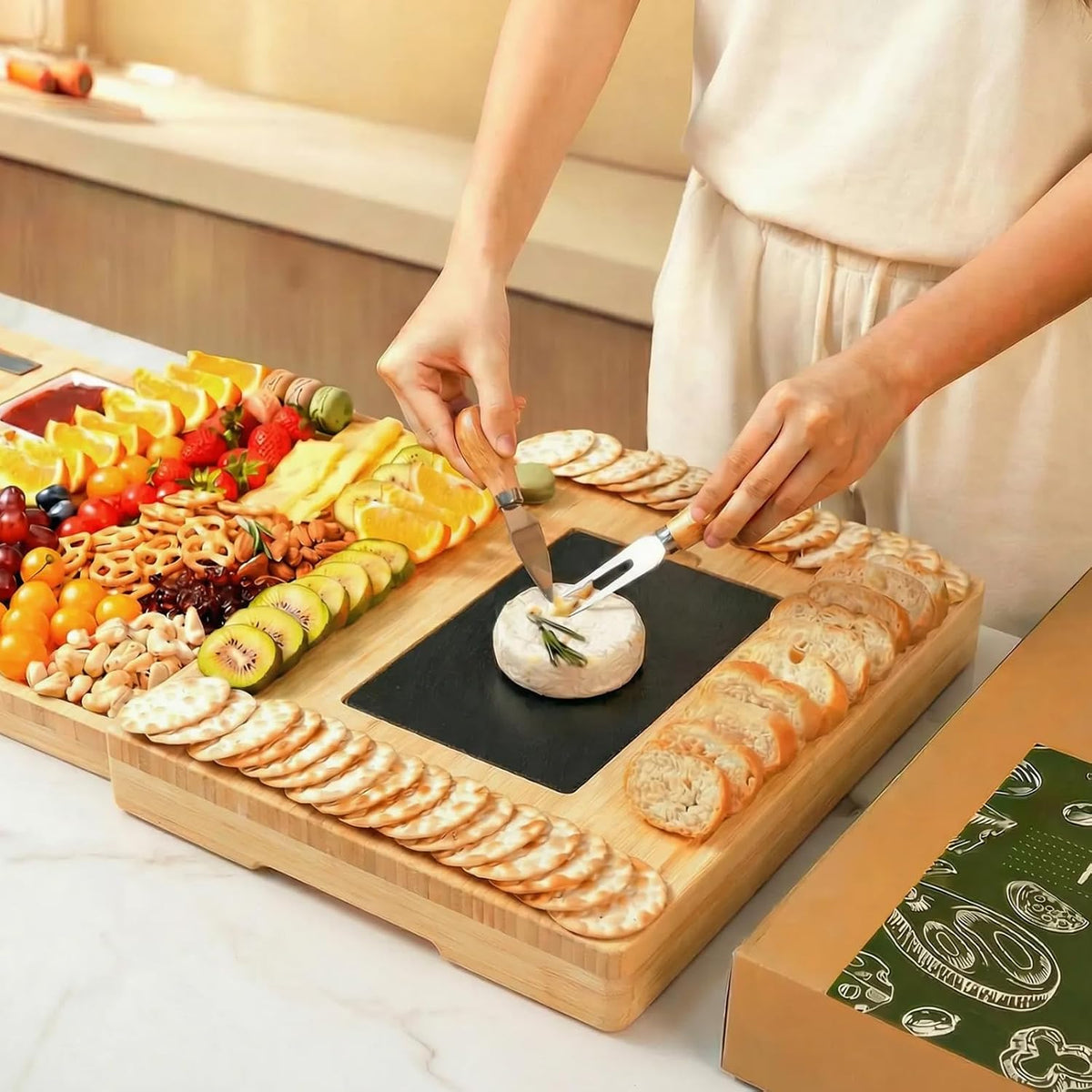 Extra Large Bamboo Charcuterie Board, 3-Layer Pull-Out Cheese Trays