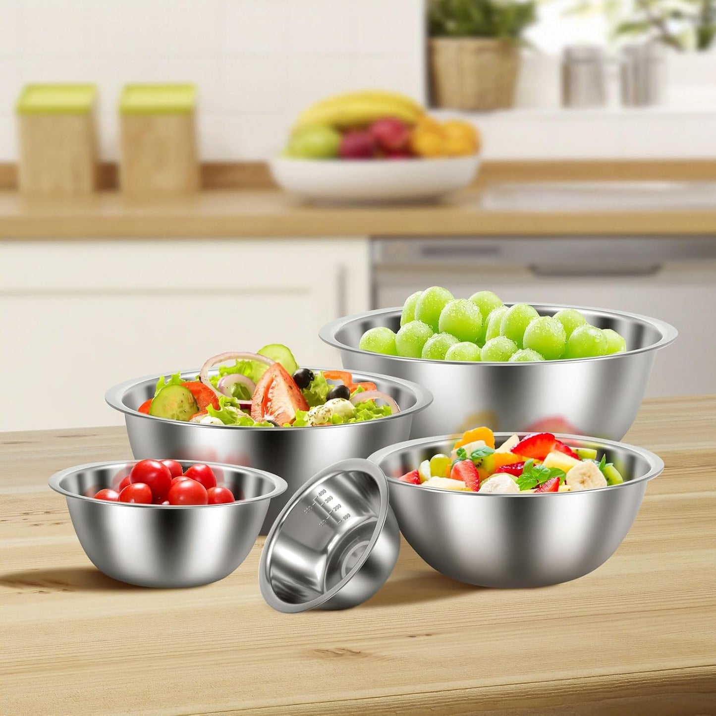10 Pack Stainless Steel Bowls, Nesting Mixing Bowl Set with Scale Marks, 5 Different Size (4.5, 3,2,1.5,0.7QT) Baking Metal Mixing Bowls for Kitchen Food Prep Storage And Serving, Cooking, Baking (10)