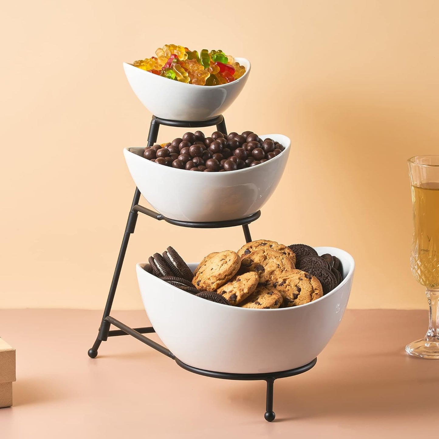 LYEOBOH 3 Tier Serving Bowls Set Tiered Serving Stand, Porcelain Oval Bowls with Collapsible Metal Stand for Entertaining, Party, Dessert Display, Candy, Chip and Dip (Gold)-45oz / 17.5oz / 7oz