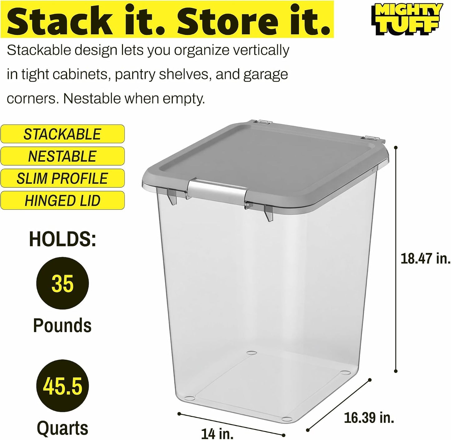 Mighty Tuff 20 lb Dog Food Container, Cat Food Storage Bin Airtight with Stainless Steel Latch, Clear Plastic Pet Container with Lid for Kitchen Pantry Organization