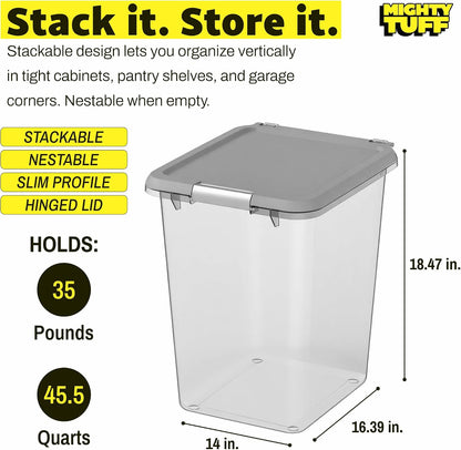 Mighty Tuff 20 lb Dog Food Container, Cat Food Storage Bin Airtight with Stainless Steel Latch, Clear Plastic Pet Container with Lid for Kitchen Pantry Organization