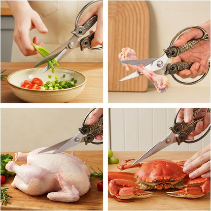 Kitchen Owl Scissors - Stainless Steel Kitchen Scissors, Sharp Meat Scissors, Dishwasher Safe, Heavy-duty Poultry Scissors, Food Cooking Scissors, Gift for Men and Women (Pearl nickel, large)