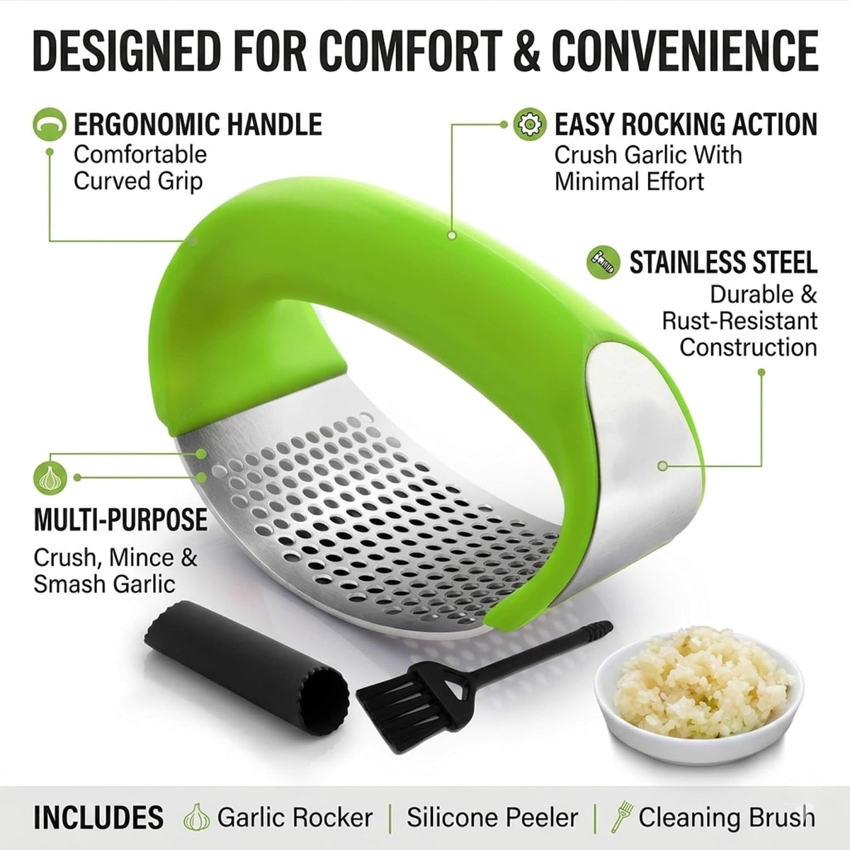 Angel's Peel Lounge Stainless Steel Garlic Press Rocker Set with Silicone Garlic Peeler & Cleaning Brush – Garlic Chopper, Mincer, Grater, Crusher – Easy for Crushed Cloves – Rust-Resistant, Black