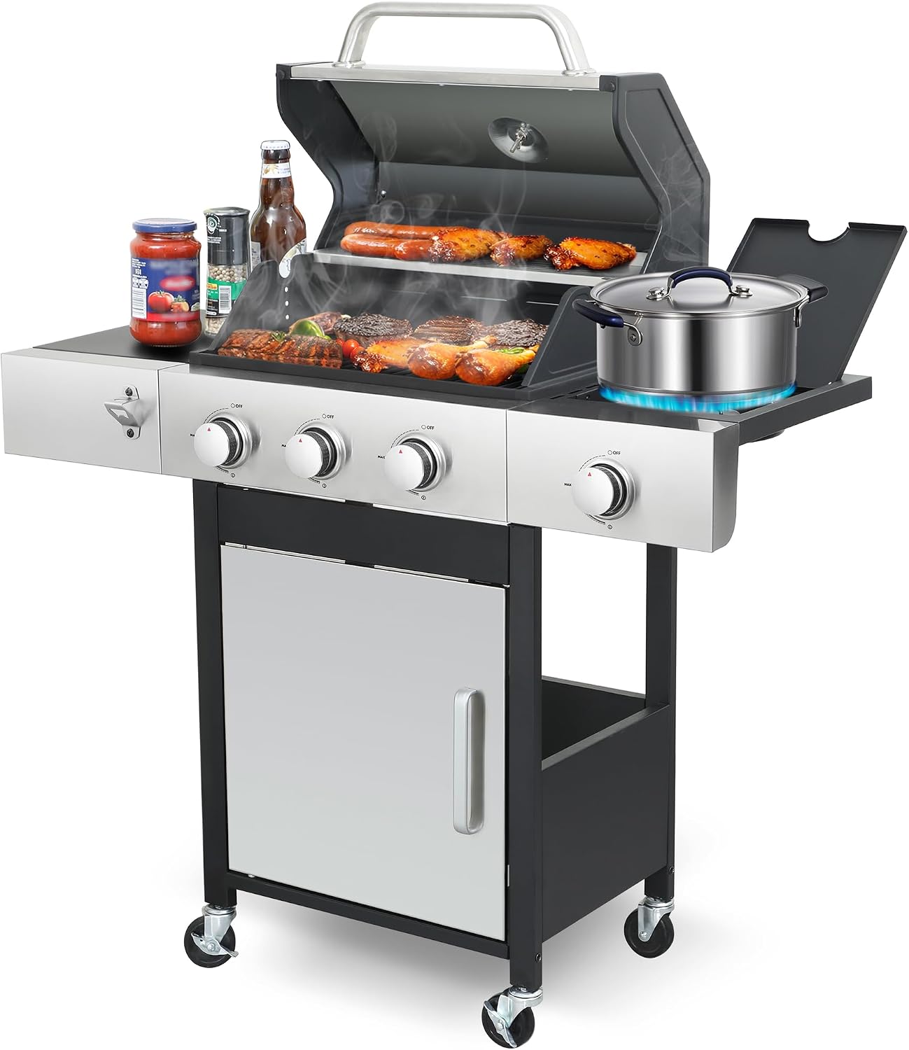 6-Burner BBQ Grill with Side Burner - 69,000 BTU Propane Gas Grill with Cast Iron Grate, Stainless Steel - 620 Sq. In. Cooking Area Cabinet Style Outdoor Grill for Barbecue & Backyard