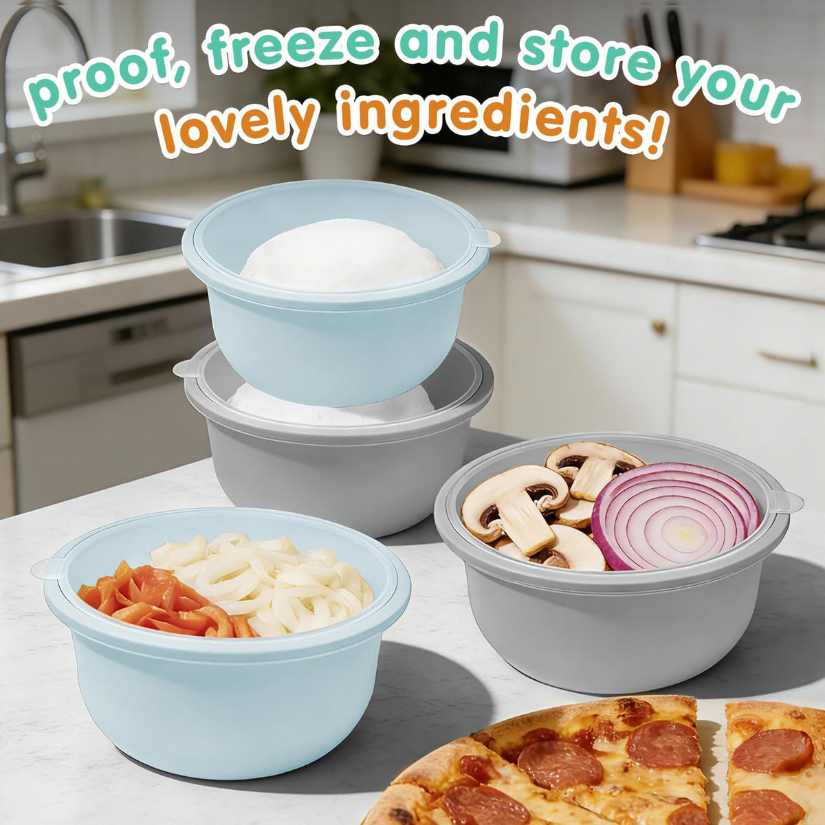 Stackable Silicone Pizza Dough Proofing Containers with Lids,Pizza Dough Proofing Box | Make 12" Pizzas 700ml(Beige)