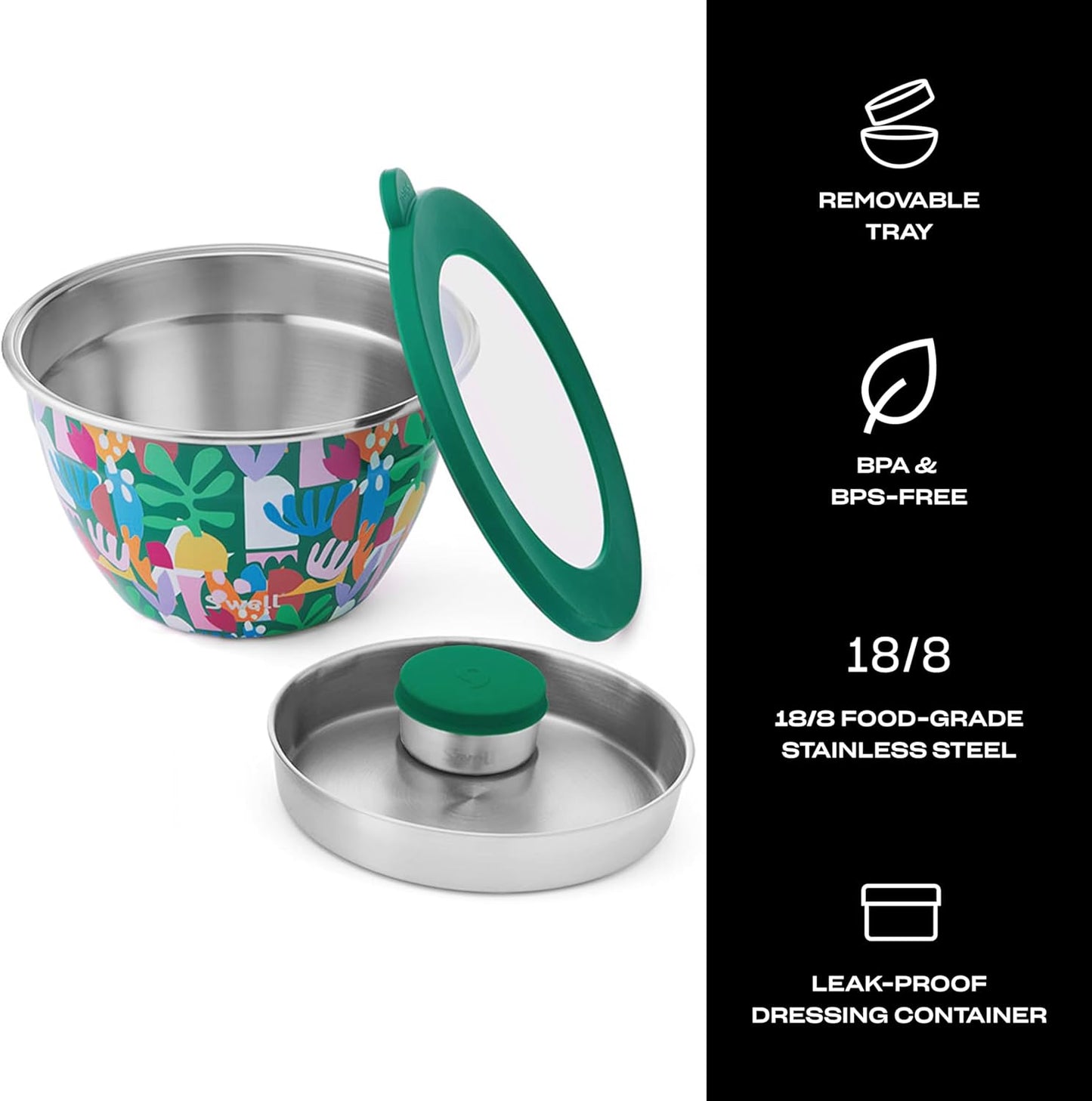 S'well Stainless Steel Salad Bowl Kit 64oz, Peacock Blue, Comes with 2oz Mini Canister and Removable Tray for Organization, Leakproof, Easy to Clean, Dishwasher Safe