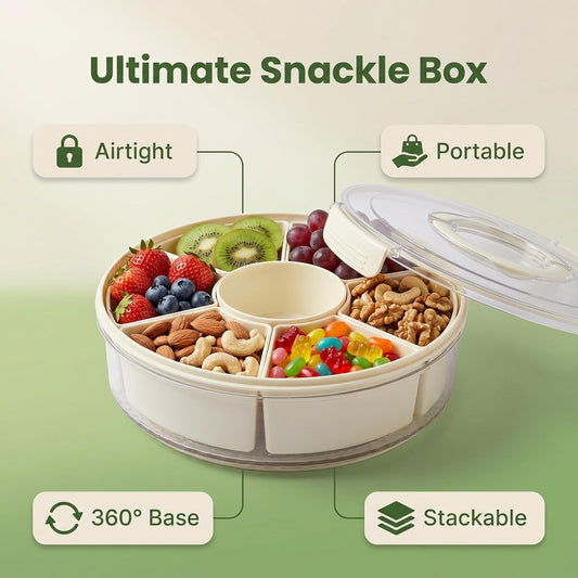 Rotating Divided Serving Tray with Lid and Handle, 6 Compartment Snackle Box Container, Airtight Portable Veggie Fruit Tray for Party Picnic Kitchen Camping