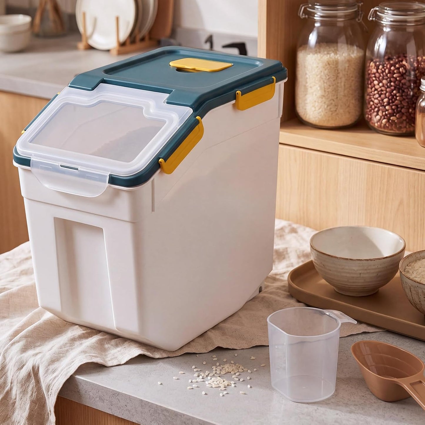 Umigy 4 Pcs 55lbs Large Dog Food Storage Container Rice Flour Bin Plastic Boxes with Measuring Cup Airtight Flour Grain Cereal Sugar Storage Container with Locking Lid and Wheels