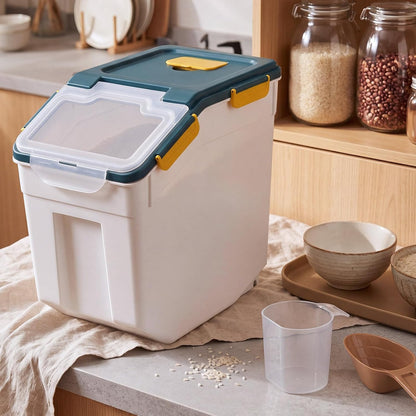 Umigy 4 Pcs 55lbs Large Dog Food Storage Container Rice Flour Bin Plastic Boxes with Measuring Cup Airtight Flour Grain Cereal Sugar Storage Container with Locking Lid and Wheels