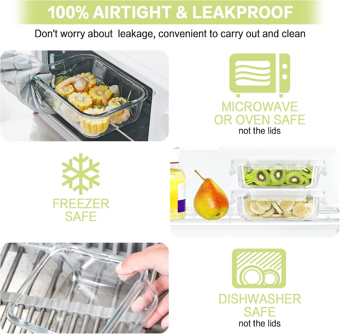 Bayco 10 Pack Glass Meal Prep Containers, Glass Food Storage Containers with Lids, Airtight Lunch Bento Boxes, BPA-Free & Leak Proof (10 lids & 10 Containers) - White