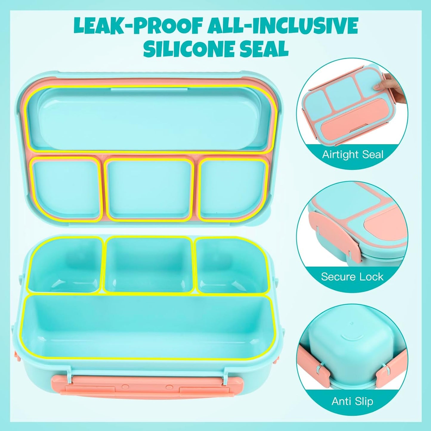 MaMix Bento Lunch Box for Kids, Lunchable Containers for Kids Adults with 4 Compartments + Lunch Bag, with Utensils, Sauce Jar, Muffin Liners (blue set)