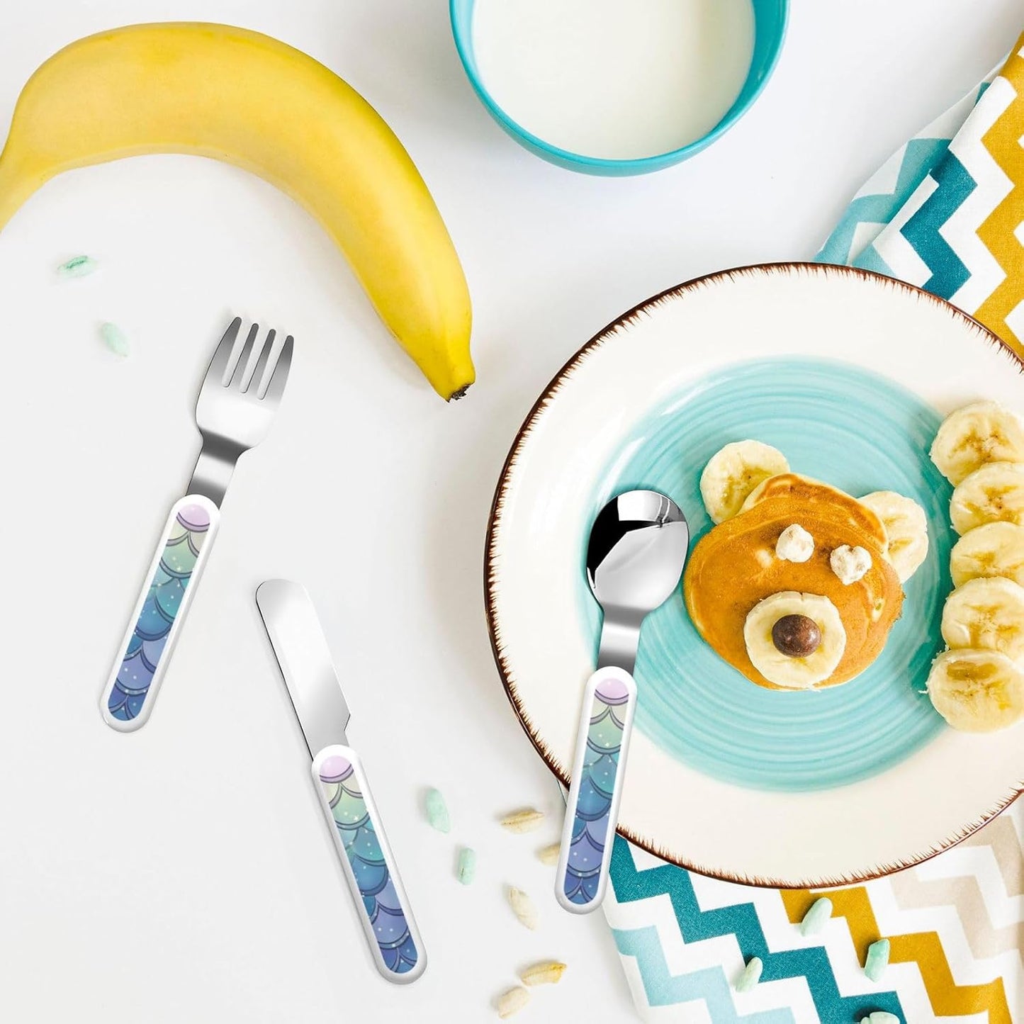 3-Piece Children Utensils Set Water Lily Mermaid Scales Knife Spoon Fork Set Stainless Steel Silverware Set Easy-Grip Reusable Utensils Set Child Flatware Set with Case for Lunch Travel