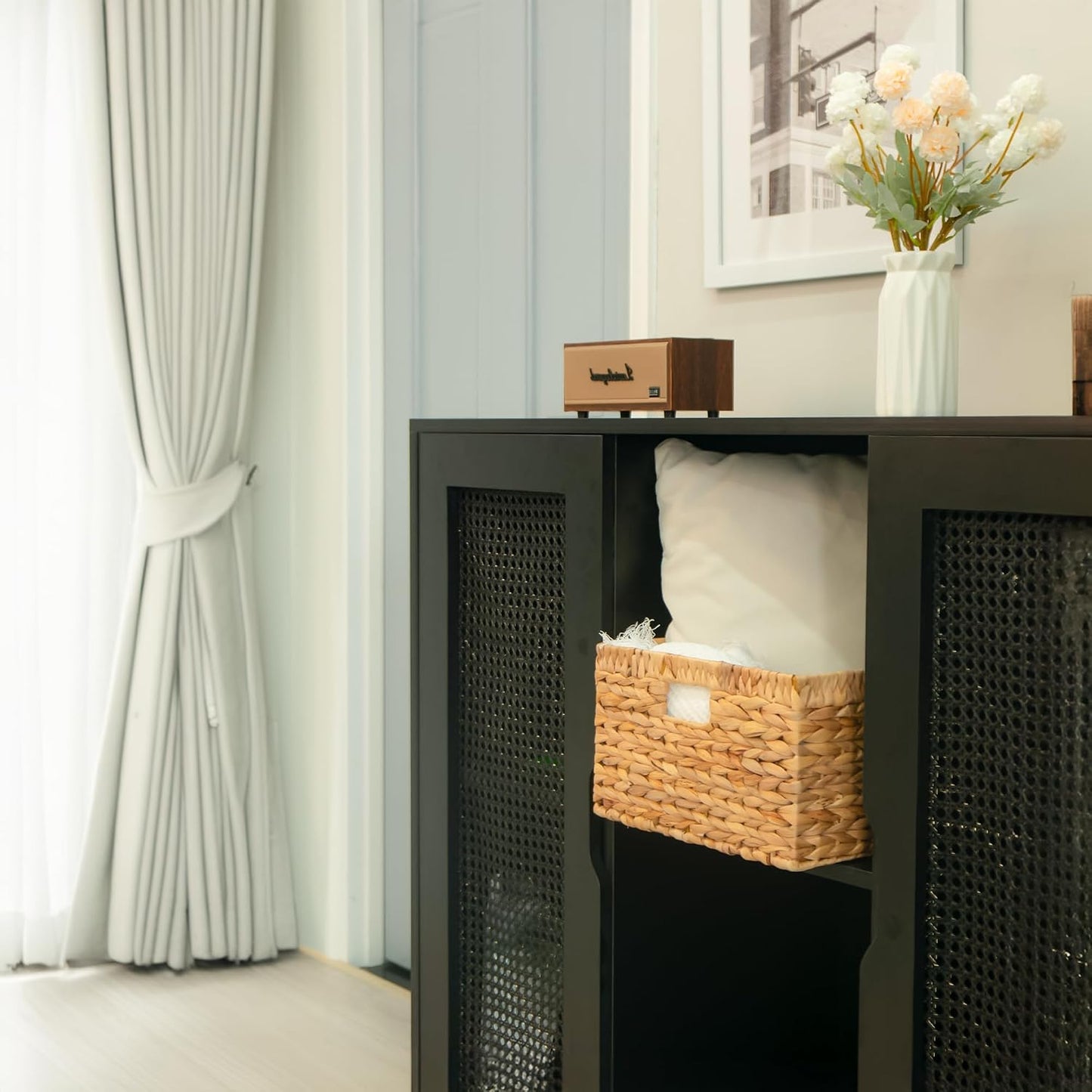 KOKODO Wicker Storage Basket Set of 2, Rectangular Baskets for Shelves with Handles & Chalkboard Labels, Handwoven Water Hyacinth Baskets for Organizing Pantry, Closet & Home.