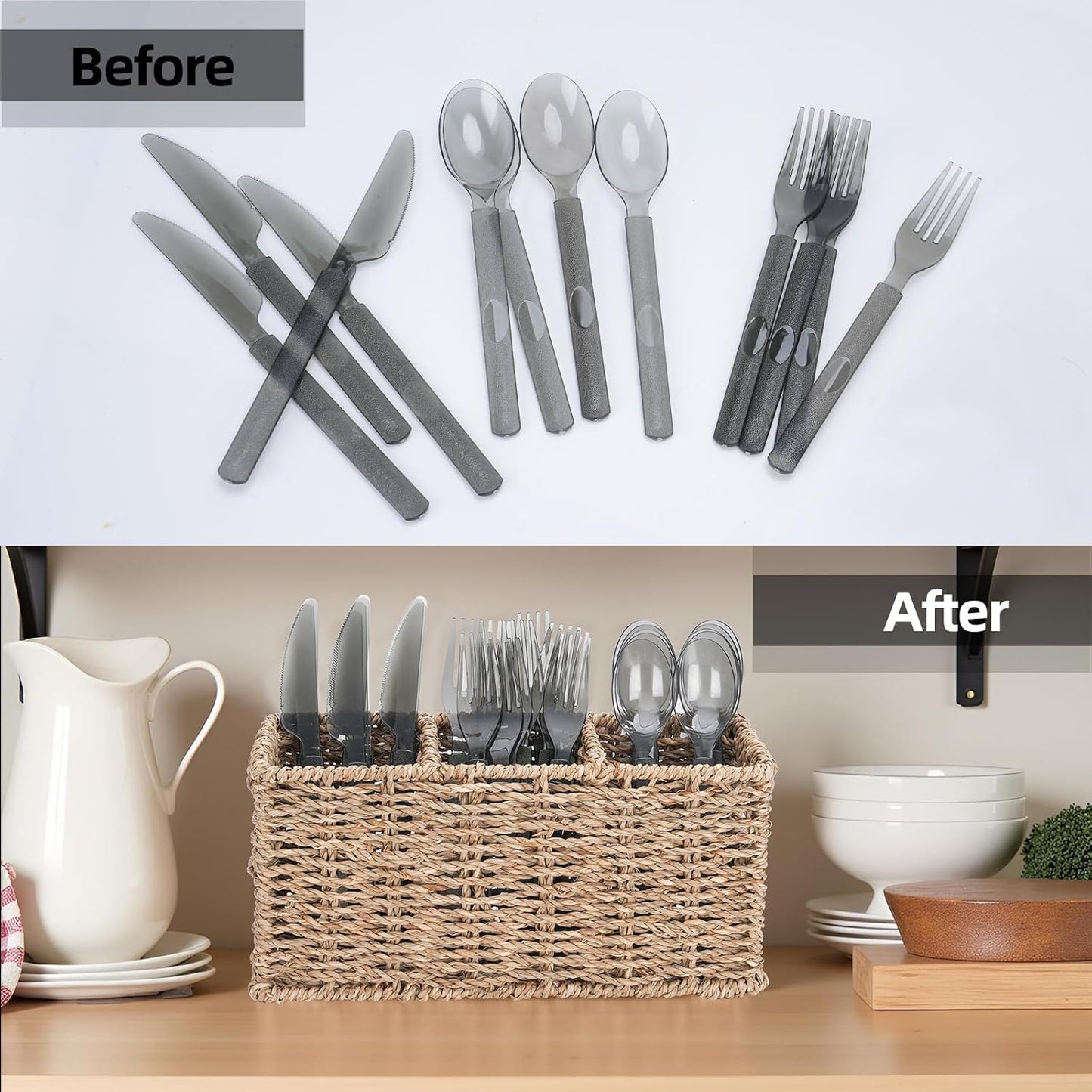 Wicker Party Silverware Caddy, Small Water Hyacinth Plastic Cutlery Utensil Holder, Hand Woven with Handles, Kitchen Countertop and Picnic flatware Organizer