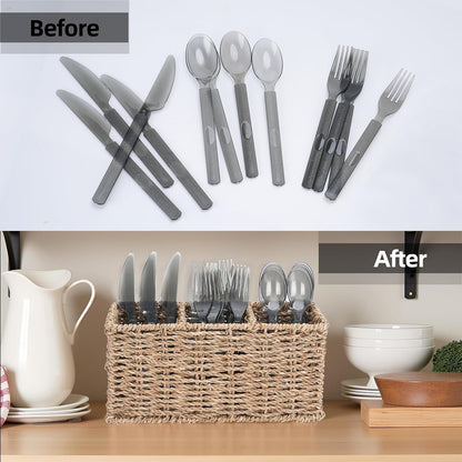 Wicker Party Silverware Caddy, Small Water Hyacinth Plastic Cutlery Utensil Holder, Hand Woven with Handles, Kitchen Countertop and Picnic flatware Organizer