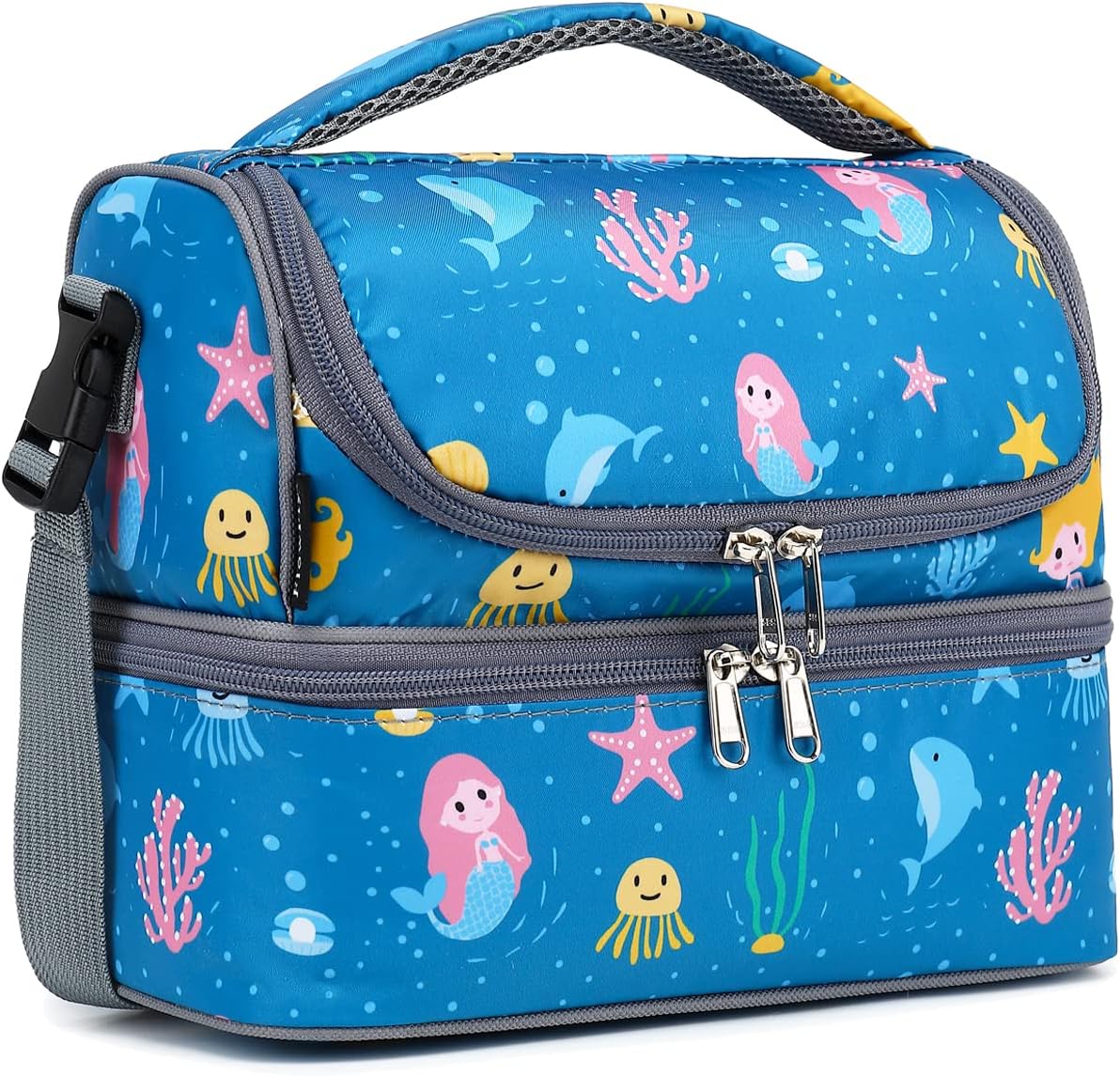 FlowFly Kids Double Decker Cooler Insulated Lunch Bag Large Tote for Boys, Girls, Men, Women, With Adjustable Strap, Unicorn