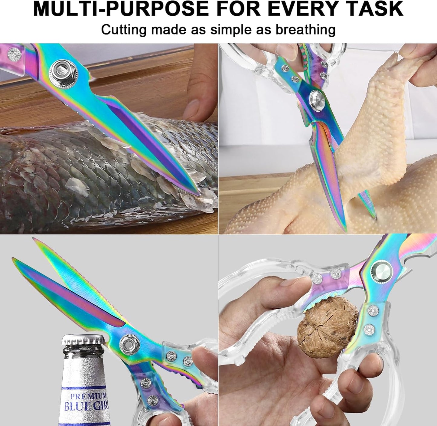 CGBE Kitchen Scissors, Multi-Purpose Kitchen Shears, Heavy Duty Dishwasher Safe Food Scissors for Chicken, Poultry, Fish, Meat & Herbs with Non-Slip Grips - Sliver